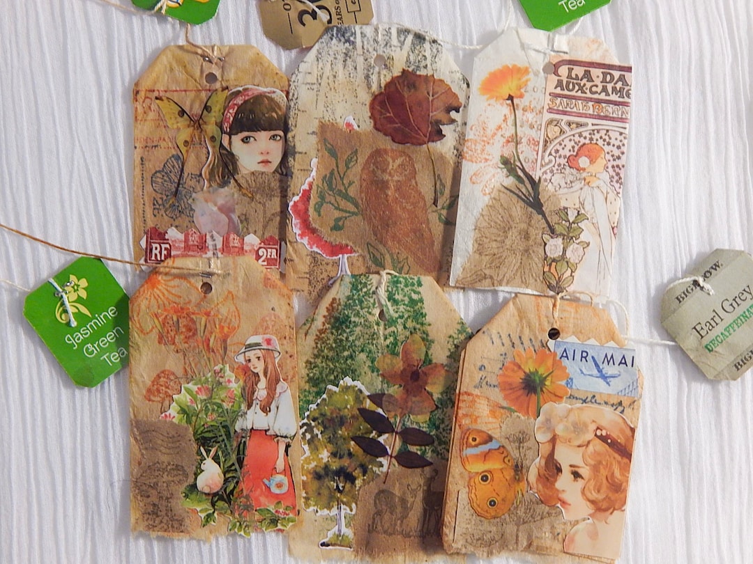 Tea Bags Art Ephemera 3 Random Junk Journal Decorated Collage Upcycled