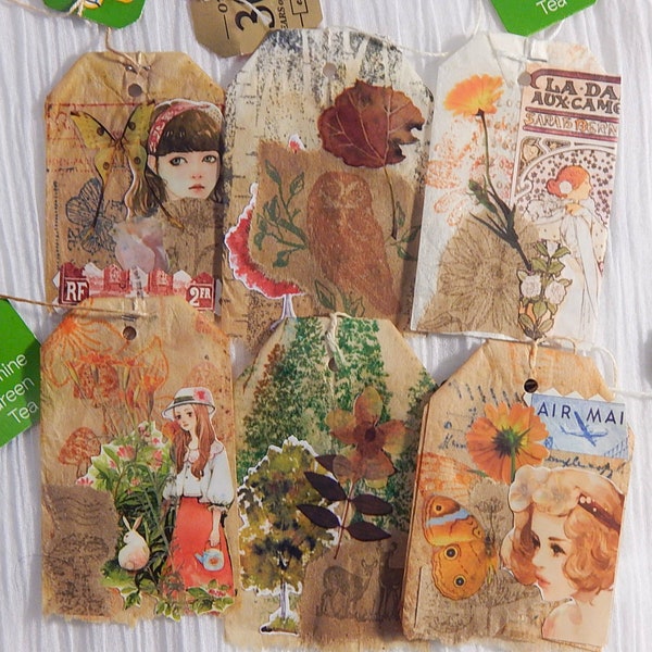 Tea Bags Art Ephemera 3 Random Junk Journal Decorated Collage Upcycled Tea Bags Tag Ephemera Junk Journal Decorated Mini Tea Art Ephemera