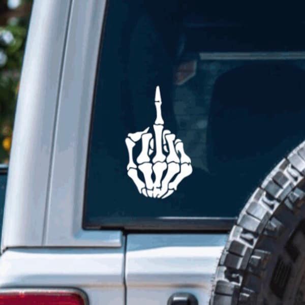 Skeleton Middle Finger Vinyl Decal Sticker | fuck you decal, fuck off sticker, metal rock hand, giving the bird, laptop sticker, car decal