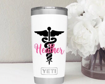 DECAL Caduceus Name in Cursive Script Vinyl Decal Sticker | custom nurse practitioner caduceus decal, student nurse graduation, RN tumbler