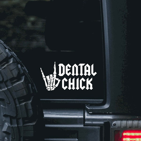 Dental Chick With Rock On Skeleton Hand Vinyl Decal Sticker | many sizes and colors, decals by cassie, decal for tumbler, decal for car