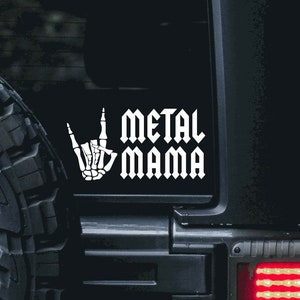 Metal Mama with Rock On Skeleton Hand Vinyl Decal Sticker | devil horn hand sign, metal rock hand, metal decal for car, bumper sticker