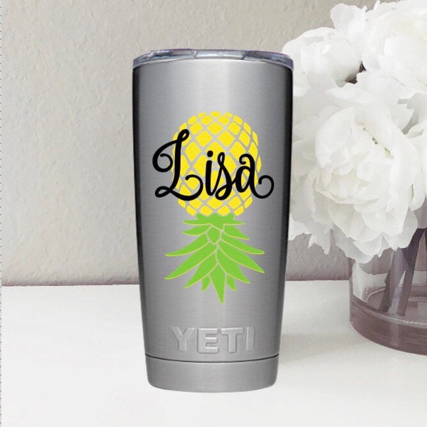 DECAL Personalized Upside Down Pineapple with Name Vinyl Decal Sticker |  for hydro flask, for yeti tumbler, water bottle, tablet, car