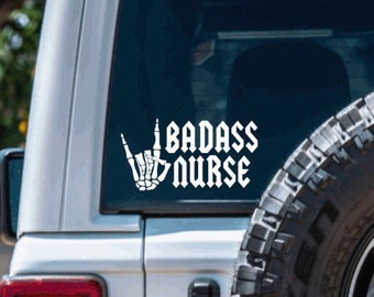 Badass Nurse with Rock On Skeleton Hand Vinyl Decal Sticker | devil horn hand sign, metal rock hand, metal decal for yeti, for yeti, for car