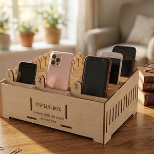 Holzständer für 30 Handys, Handy-Organizer für Schule, Veranstaltungen und vieles mehr.