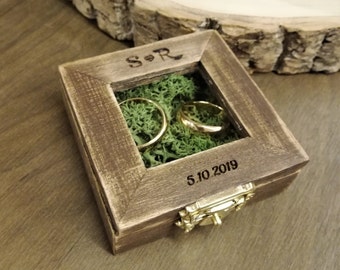 Wedding Ring Box with glass/Ring Bearer Box/Ring Holder/rustic ring box/Ring Bearer Pillow / brown ring box with moss