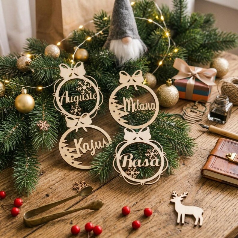 May include: Four circular wooden Christmas ornaments featuring cut-out designs of bows, snowflakes, and pine trees. Each ornament is laser-cut with a unique name: Auguste, Milana, Kajus, and Rasa. The ornaments are arranged on a wooden surface.