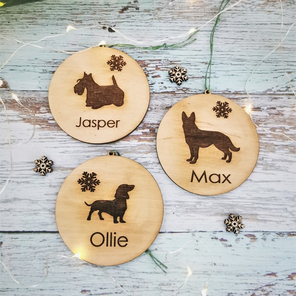 Personalized dog ornament, engraved dog Christmas decoration, laser cut dog silhouette, plywood Christmas tree decoration, gift for dog