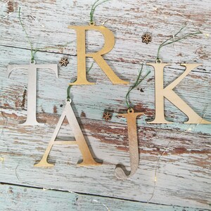 May include: Wooden letters spelling out the name "TAJ" in gold and silver paint, with the letter "R" and "K" in gold paint. The letters are hanging from twine on a rustic wooden background.