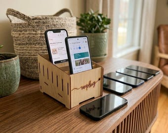 Suporte de madeira para 6 celulares, organizador de celulares para casa, palestras, etc.