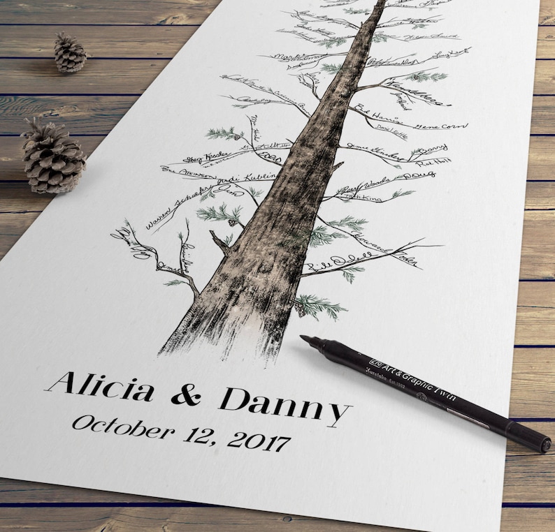 May include: A black and white drawing of a tree with branches extending out. The tree trunk is textured and the branches have names written on them. The text at the bottom of the image reads "Alicia & Danny October 12, 2017".