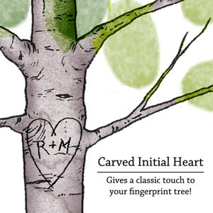 May include: A digitally illustrated tree trunk with a heart-shaped carving containing the initials "R+M". The tree is gray and brown with green accents. The text "Carved Initial Heart" and a description are below the tree.