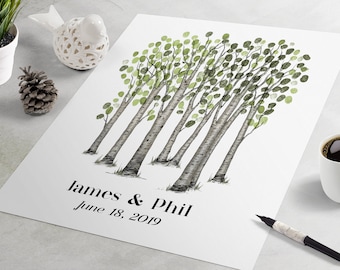 Pode incluir: Um cartaz branco com uma ilustração em aquarela de uma floresta de bétulas com folhas verdes. As árvores estão dispostas em uma fileira e têm um toque caprichoso. O texto "James & Phil June 18, 2019" está impresso na parte inferior do cartaz.