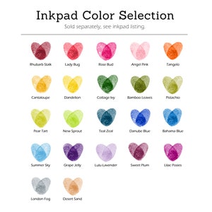 May include: An image titled "Inkpad Color Selection" displays 20 heart-shaped inkpad color swatches. Colors include Rhubarb Stalk, Lady Bug, Rose Bud, Angel Pink, Tangelo, Cantaloupe, Dandelion, Cottage Ivy, Bamboo Leaves, and Pistachio.