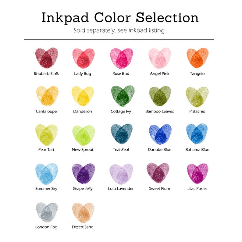 May include: An image titled "Inkpad Color Selection" displays 20 heart-shaped inkpad color swatches. Colors include Rhubarb Stalk, Lady Bug, Rose Bud, Angel Pink, Tangelo, Cantaloupe, Dandelion, Cottage Ivy, Bamboo Leaves, and Pistachio.