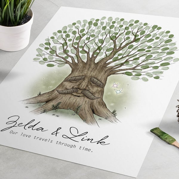 Deku Tree Zelda Wedding Guest Book: Leyenda de Zelda libro de visitas de huellas dactilares, árbol de huellas dactilares, árbol de huellas digitales, alternativa nerd libro de visitas