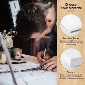 May include: A person signing a tree-shaped guest book with a black pen. The guest book is on a white table. The image shows two options for the guest book material: archival paper and canvas.