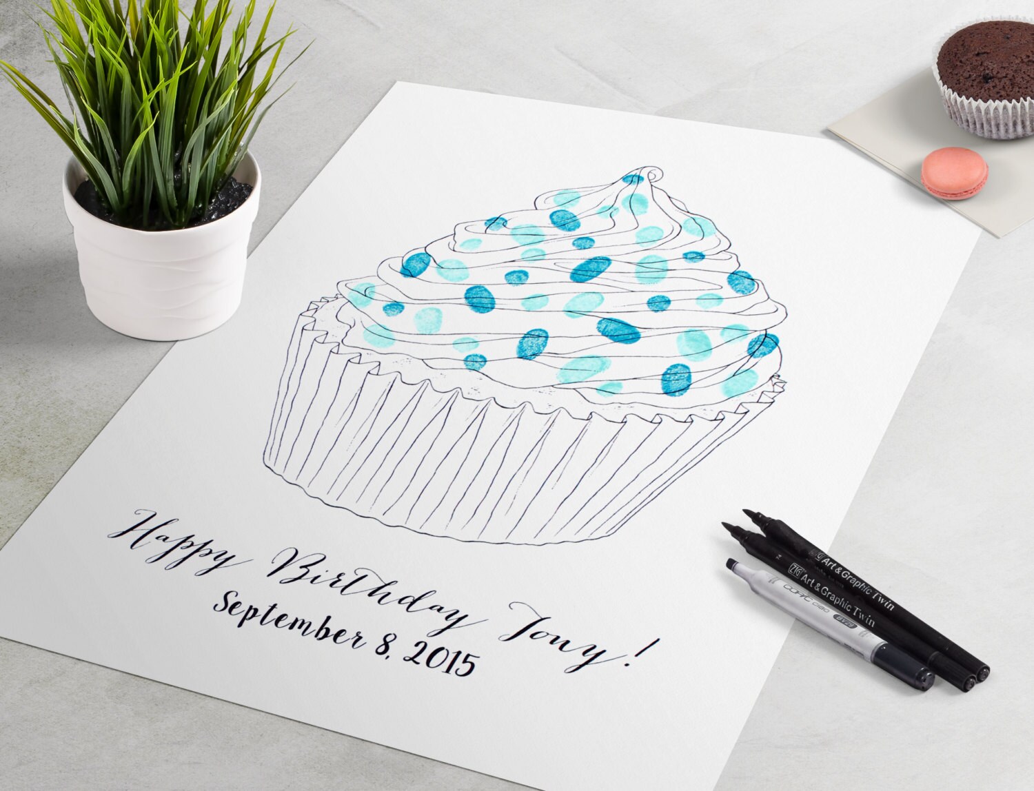 Medium Birthday Cupcake Guest Book: fingerprint guest book for birthday party like fingerprint tree. thumbprint tree, guest book alternative