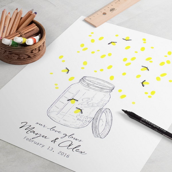 Mason Jar Fireflies Wedding Guest Book: Thumbprint Poster Alternative