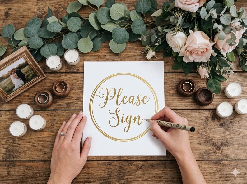 Puede incluir: Escena de boda con una mesa de madera, con un letrero que dice "Please Sign" en letras doradas. La escena incluye velas, un marco de fotos, anillos y flores, creando un ambiente rom&aacute;ntico.