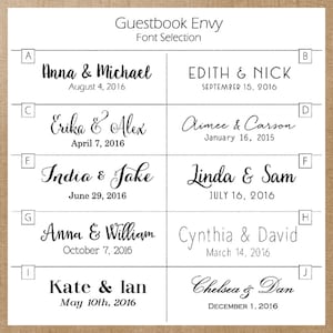 May include: A graphic showing different font styles for a wedding guest book. The fonts are shown with different names and dates. The fonts are all in black and white.