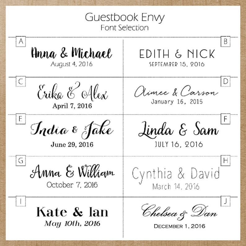 May include: A graphic showing different font styles for a wedding guest book. The fonts are shown with different names and dates. The fonts are all in black and white.