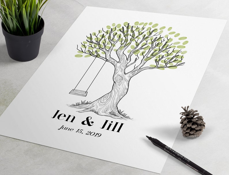 Black White Wedding Guest Book Swing Fingerprint Tree Swing Finger Print Tree Wedding Guestbook Alternative Thumbprint Tree