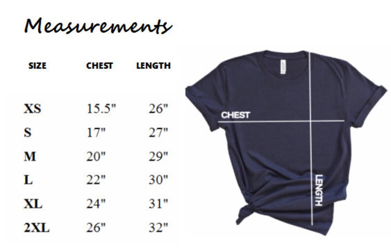 K&ouml;nnte beinhalten: Eine Gr&ouml;&szlig;entabelle f&uuml;r ein T-Shirt, die die Ma&szlig;e in Zoll f&uuml;r Brustumfang und L&auml;nge angibt. Die Tabelle umfasst die Gr&ouml;&szlig;en XS, S, M, L, XL und 2XL.