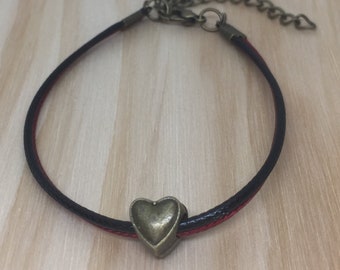 Red Black Leather Cord Brass Heart Bracelet - Heart Bracelet - Leather Bracelet