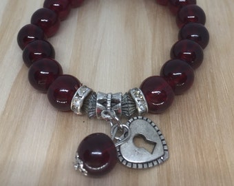 Garnet Glass Bead Heat charm Bracelet - Heart Lock Charm Bracelet