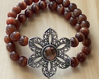 Silver Flower Brown Tiger Eye Beaded Stretch Bracelet