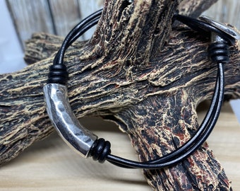 Black Leather Bracelet with Silver Hammer Accent
