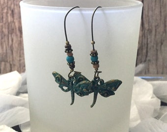 Bronze Dragonfly Drop Earrings - Blue brown beads Bohemian Ethnic Charm BOHO