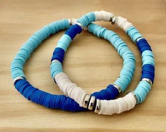 Heishi Clay Bead Bracelets Blue Aqua White Silver