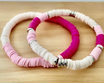 Heishi Clay Bead Bracelets Pink White Silver