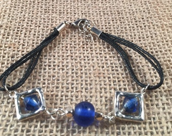 Silver Cobalt Blue Leather Cord Bracelet