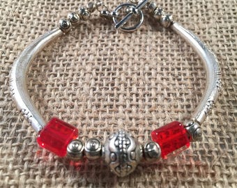 Silver Bracelet with Red Beads, Toggle Bracelet