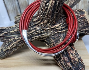 Multi Layered Red Leather Silver Buckle Bracelet