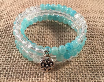 Aqua and Clear Crackle Glass Memory Wire Bracelet with Heart & Wing Charms