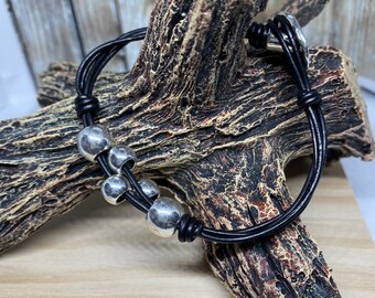 Black Leather Silver Beaded Bracelet - Leather Bracelet