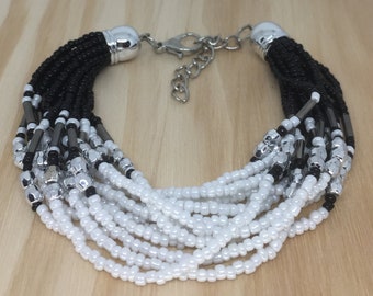 Black White Silver Seed Bead Bracelet - Multi Strand Bead Bracelet