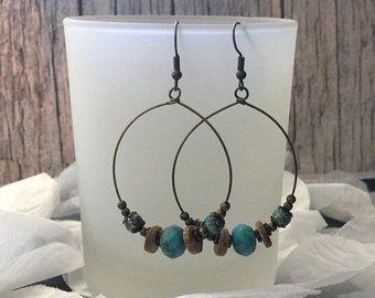 Earrings Vintage Bronze Wire Circle Beads Stone Dangle Earrings