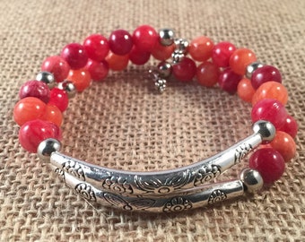 Silver Coral Color Memory Wire Bracelet - Silver flower tube bead bracelet