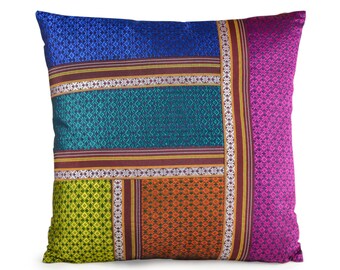 SALE Handwoven pillow,  multicolor Indian pillow, Khunn fabric pillow, Luxurious patchwork Pillow, Jewel tones, Teal Pink blue throw pillow