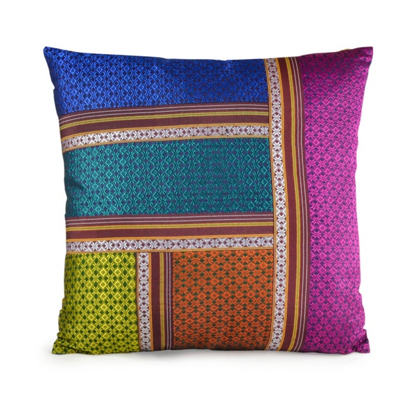 SALE Handwoven pillow,  multicolor Indian pillow, Khunn fabric pillow, Luxurious patchwork Pillow, Jewel tones, Teal Pink blue throw pillow