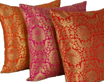 Banaras Brocade Silk Pillow Cover, Luxurious Varanasi Silk, Fuchsia Pink, Orange, Red, Gold, Indian fabric, Bed Pillow, 18X18, Boho pillow