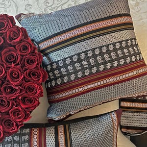 Black and White throw pillow cover 16&quot; Handwoven KHUNN Rare Indian Fabric  Elephants and Peacocks motifs Luxurious Unique bed couch pillow
