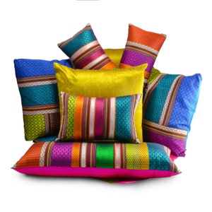 Multi stripe KHUNN lumbar throw pillow w/insert, Handwoven multicolor Rare Indian Fabric, Patchwork pillow, Luxurious Unique bed pillow image 3