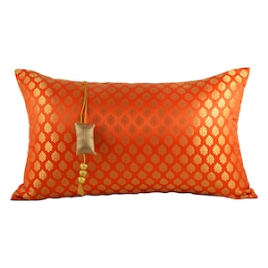 Banaras Brocade Silk lumbar pillow cover with Tassels, Luxurious Indian fabric, Orange and Gold pillow, 12X20, Boho pillow