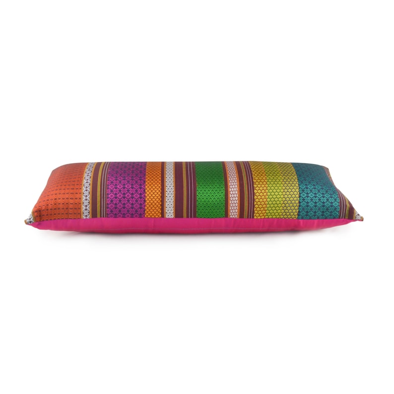 Multi stripe KHUNN lumbar throw pillow w/insert, Handwoven multicolor Rare Indian Fabric, Patchwork pillow, Luxurious Unique bed pillow image 4
